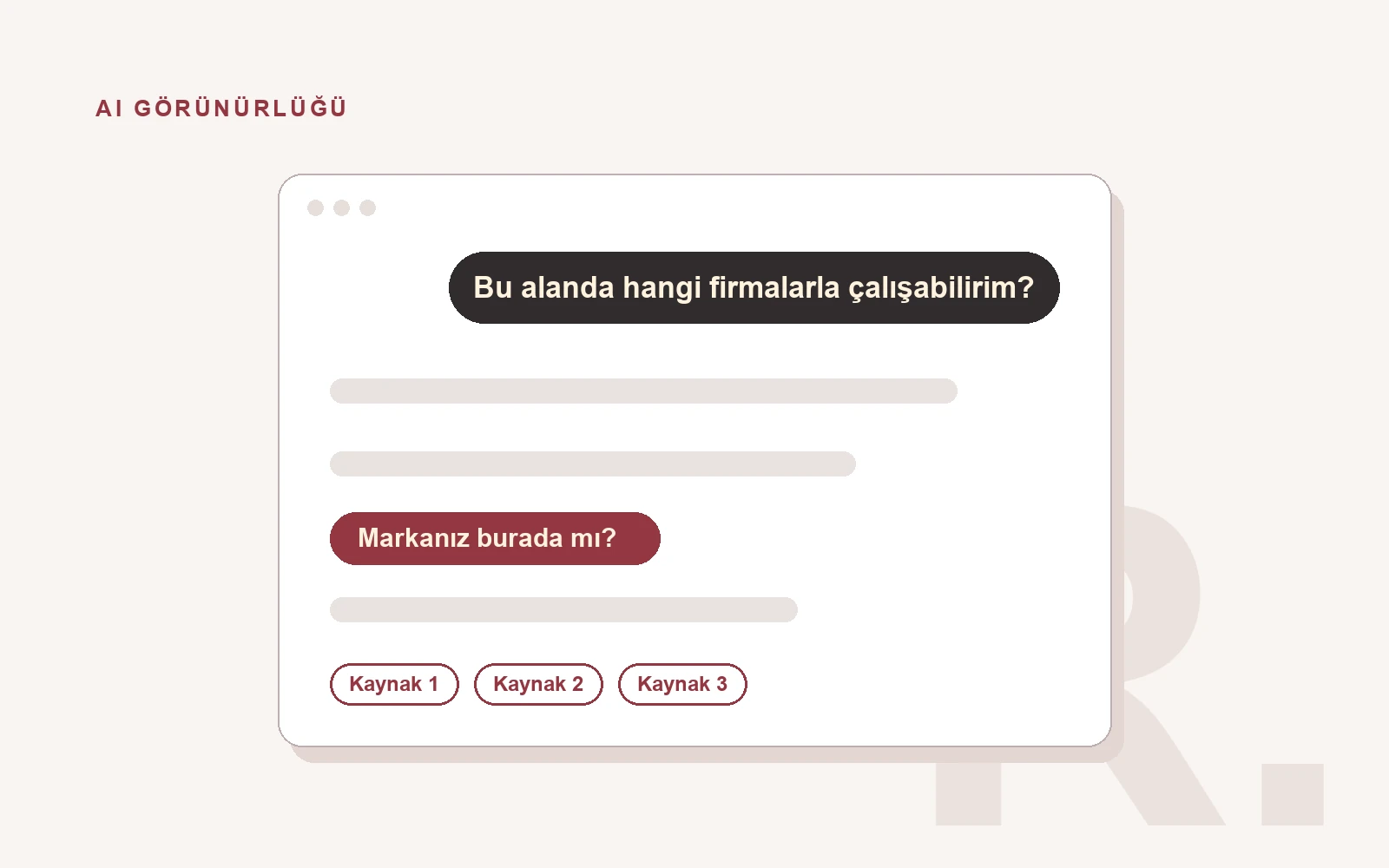 Bir yapay zekâ sohbet penceresinde “Bu alanda hangi firmalarla çalışabilirim?” sorusu ve yanıtta vurgulanmış “Markanız burada mı?” etiketi