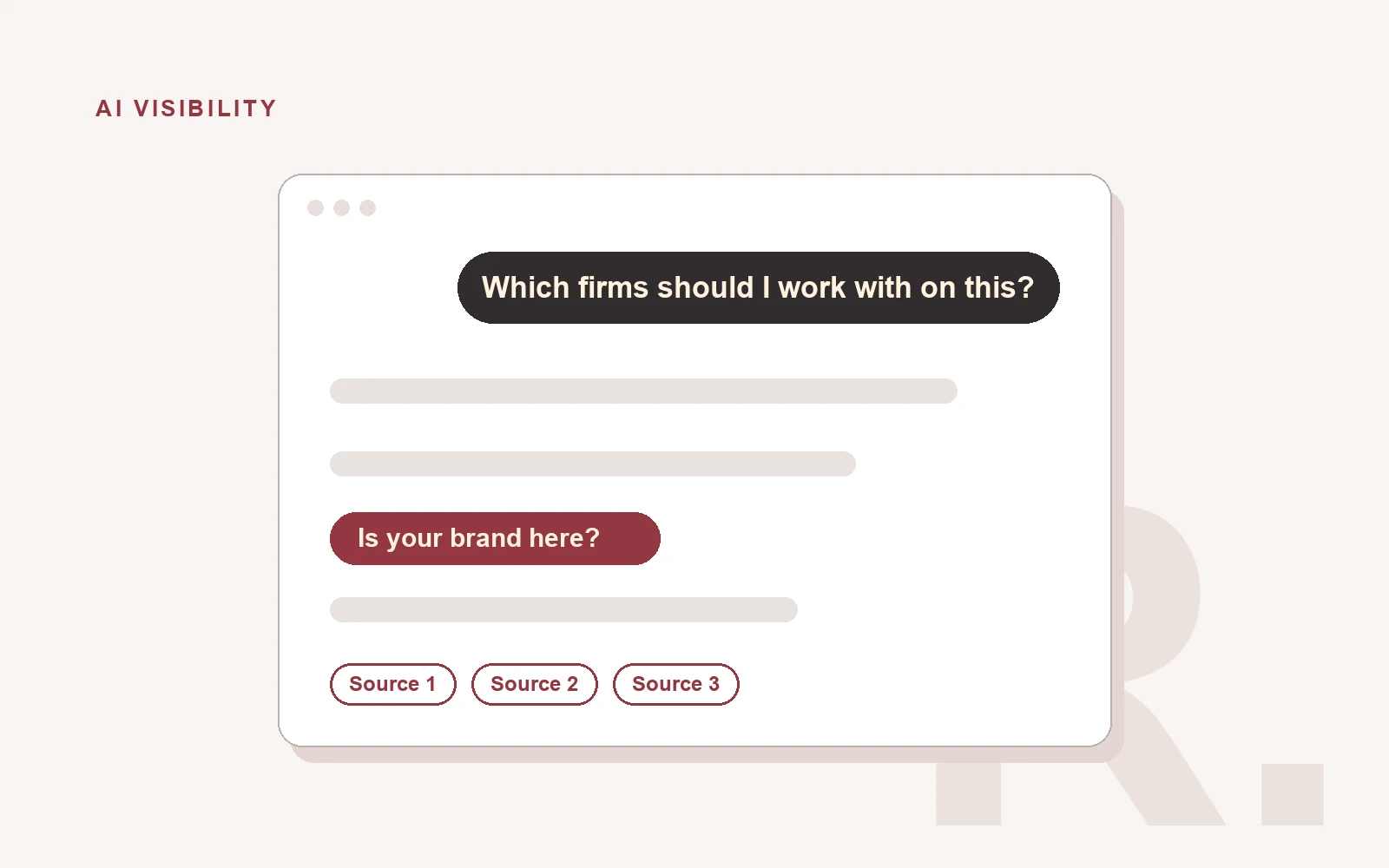 An AI chat window with the question “Which firms should I work with on this?” and a highlighted label in the answer asking “Is your brand here?”