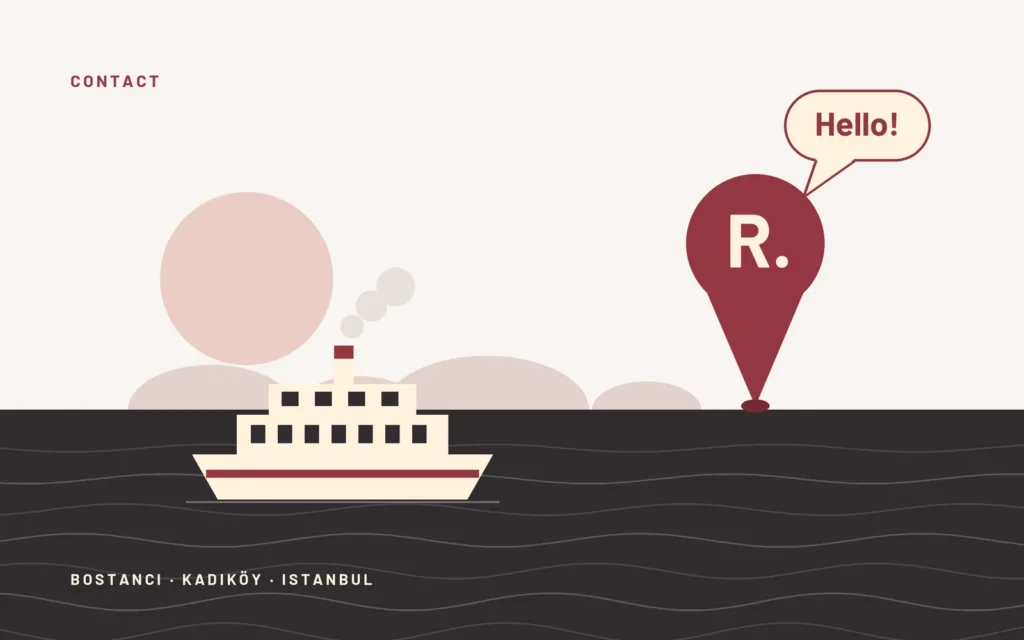 The Marmara shoreline drawn in brand colors: an Istanbul ferry on the water, the Princes’ Islands on the horizon, an “R.” location pin on the shore and a “Hello!” speech bubble; below, “Bostancı · Kadıköy · Istanbul”
